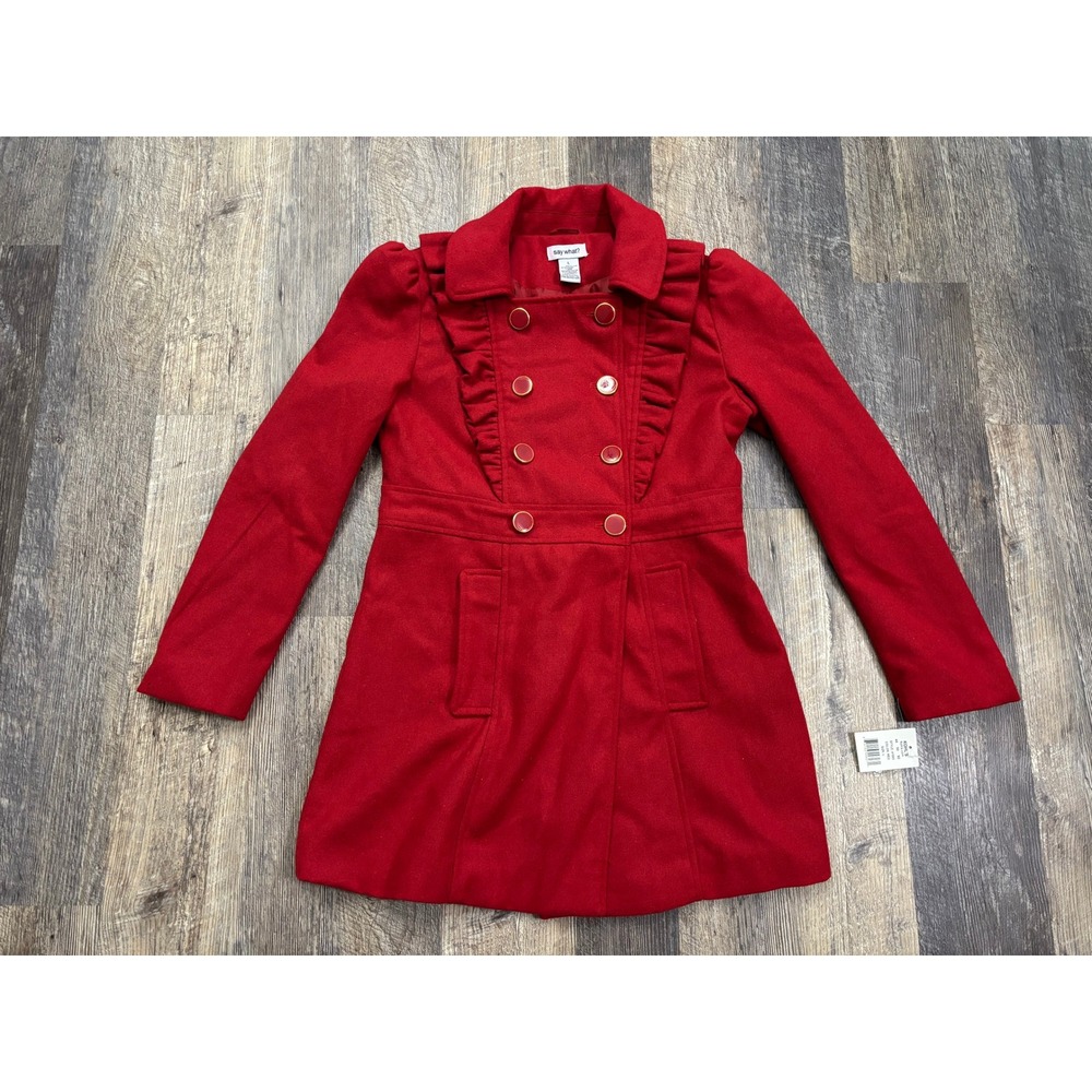 Say What? Red Ruffle Double Breasted Wool Blend Coat Large 41085